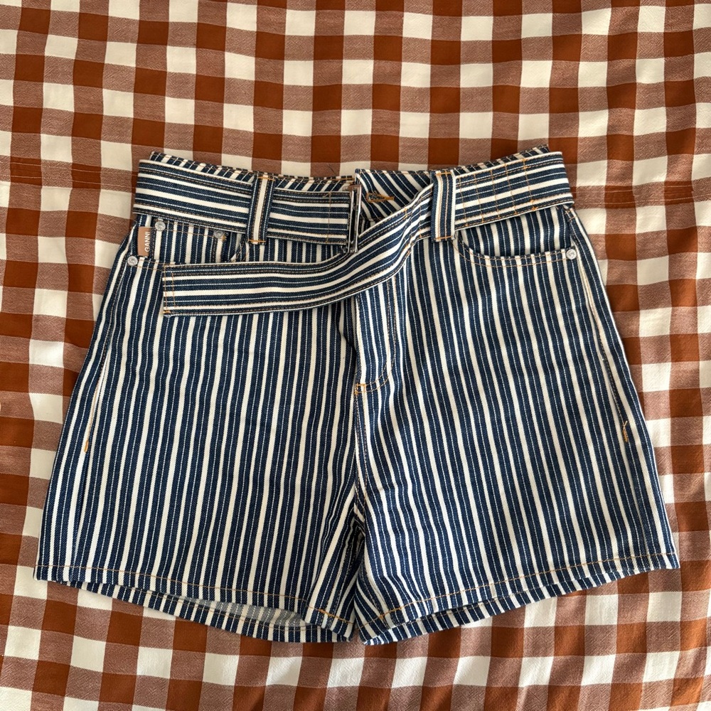 Ganni High Waist Blue and White Striped Shorts
